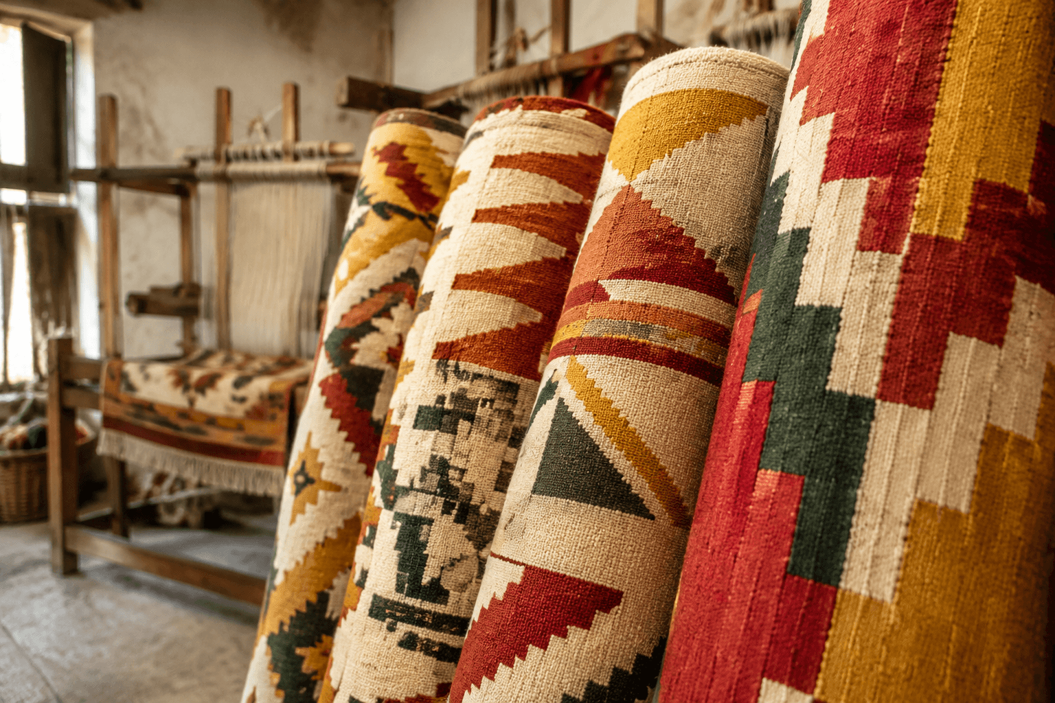 Rolls of colourful woven rug fabric