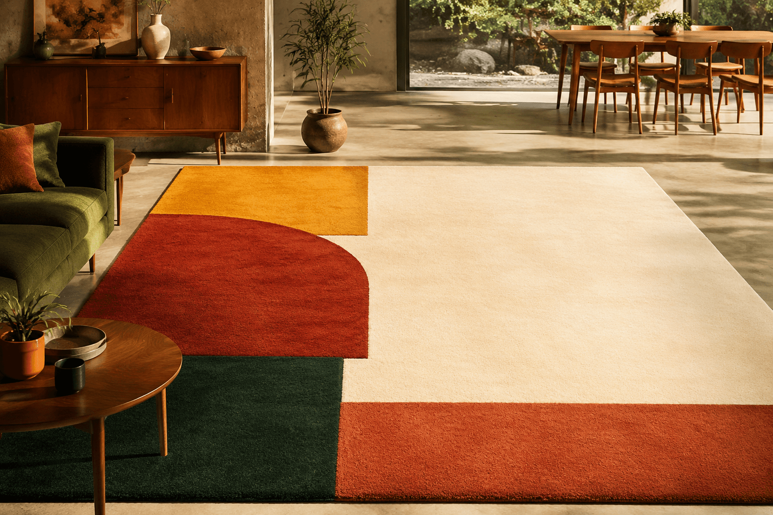 Bold colour-block area rug spread across a warm living room