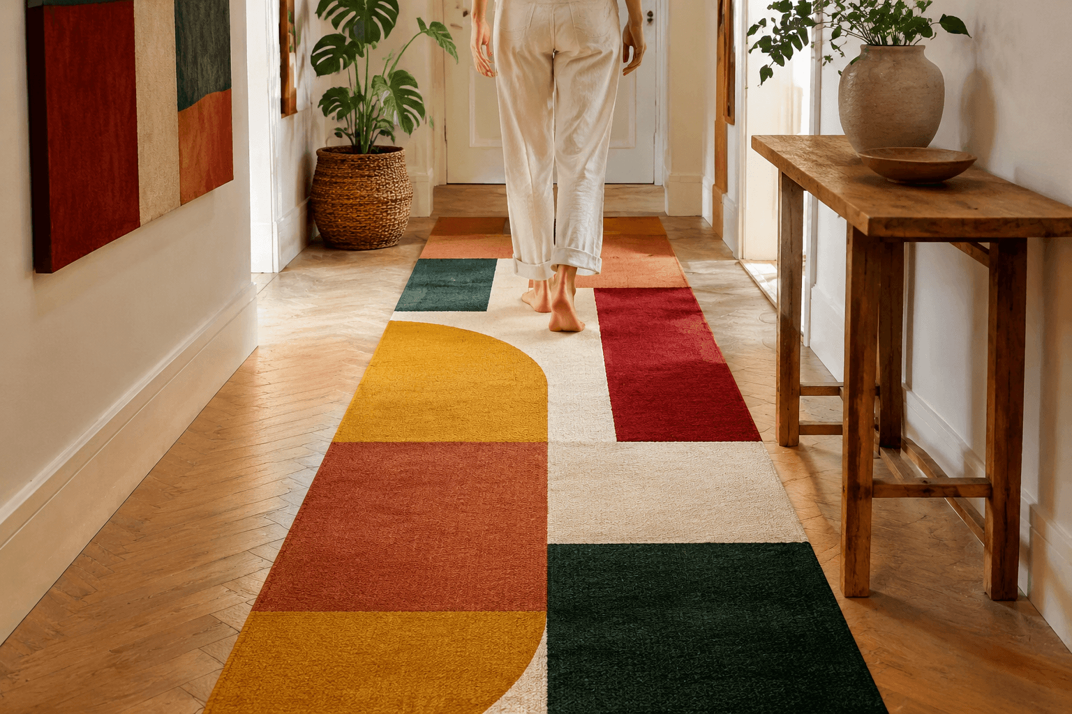 Colour-block runner in a hallway