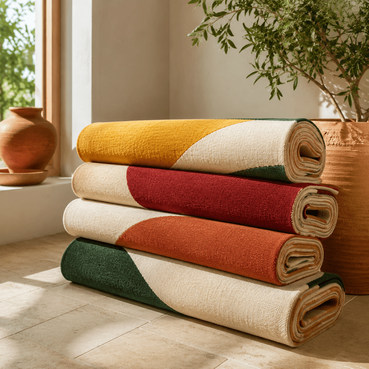 Rolled colour-block rugs